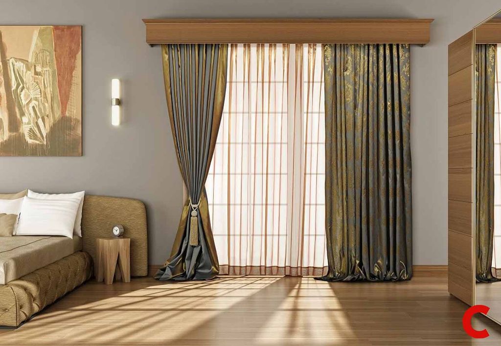 Charcoal and gold damask curtains under a wooden pelmet, one side tassel-tied over a sheer, in a rendered bedroom