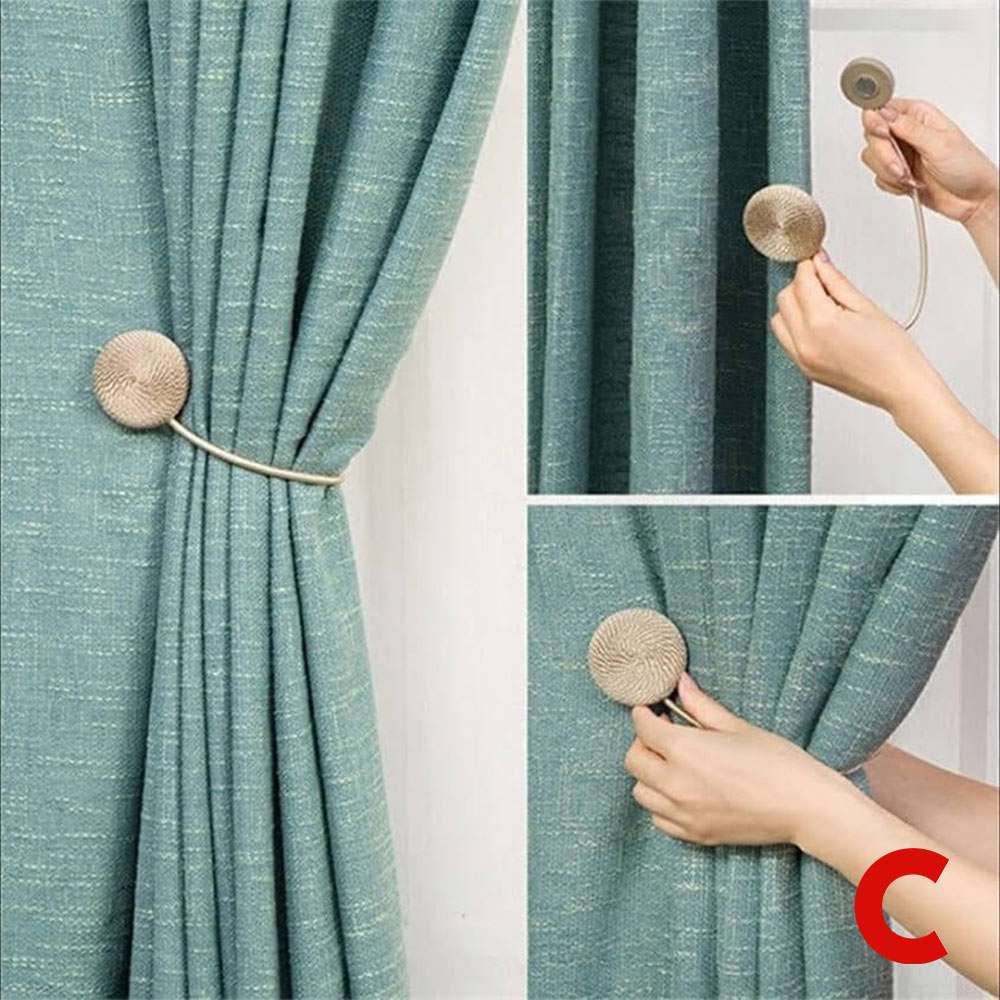 Three-panel product composite of a round magnetic tieback being clipped around a teal curtain by hand