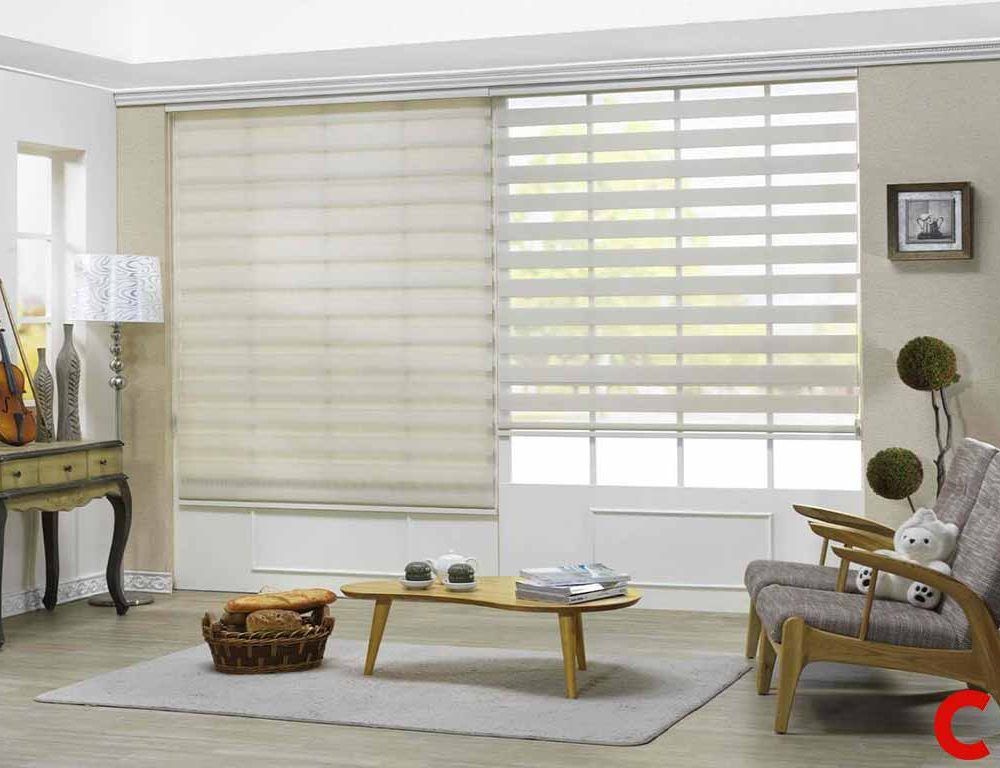 Two cream zebra blinds on a wide patio door, the left one closed and the right showing open stripes onto a garden