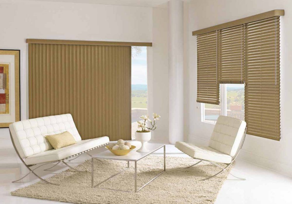 Caramel vertical blinds over a patio door with a gold venetian blind on the side window, white Barcelona chairs
