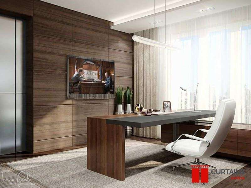 Rendered executive office with taupe curtains and a sheer along a walnut-panelled window wall
