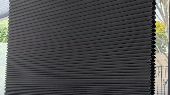 A charcoal blackout honeycomb blind lowered over a glazed door, the cloth dense enough to read as solid against the daylight behind it