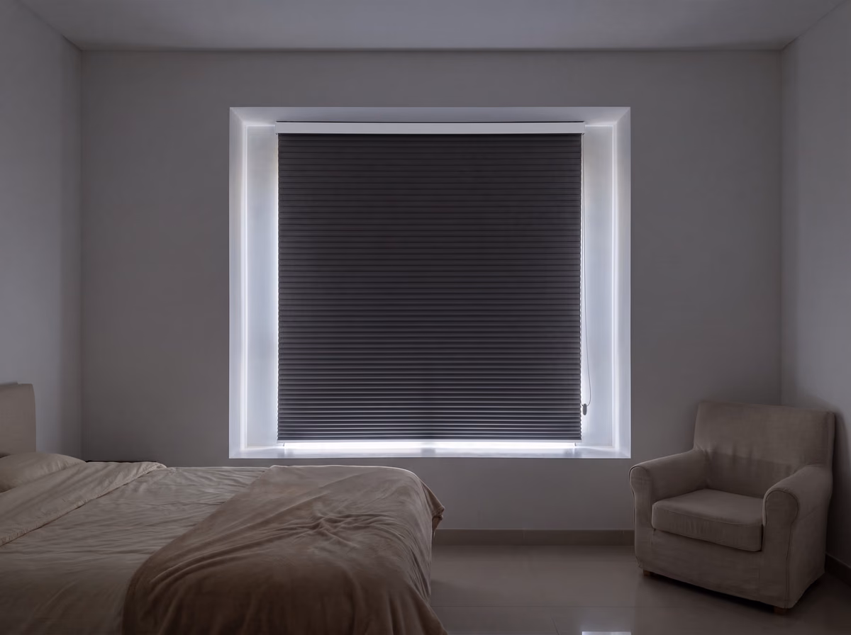 The same bedroom with a charcoal blackout honeycomb blind lowered, the room in shade and thin lines of daylight down its edges