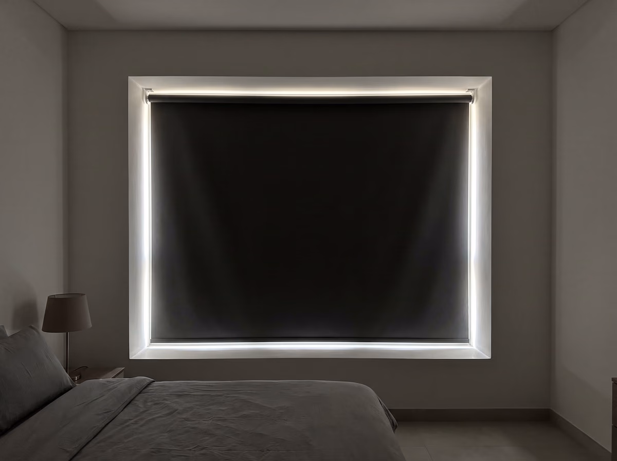 Dim bedroom with a charcoal blackout roller blind lowered inside the window recess, thin lines of daylight down its sides and along the top