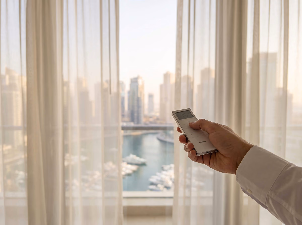 A hand pointing a white Dooya remote with a small screen at sheer curtains, Dubai Marina and its towers through the glass
