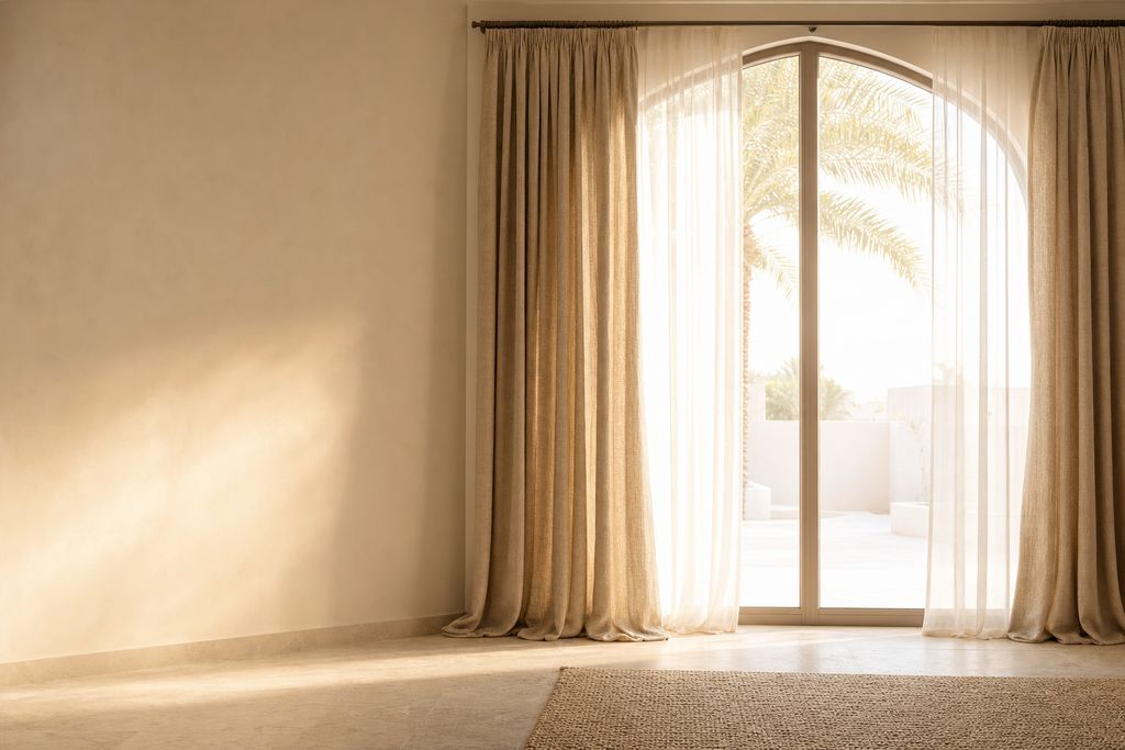 Natural linen curtains and white sheers framing an arched glass door onto a sunlit terrace with a palm tree