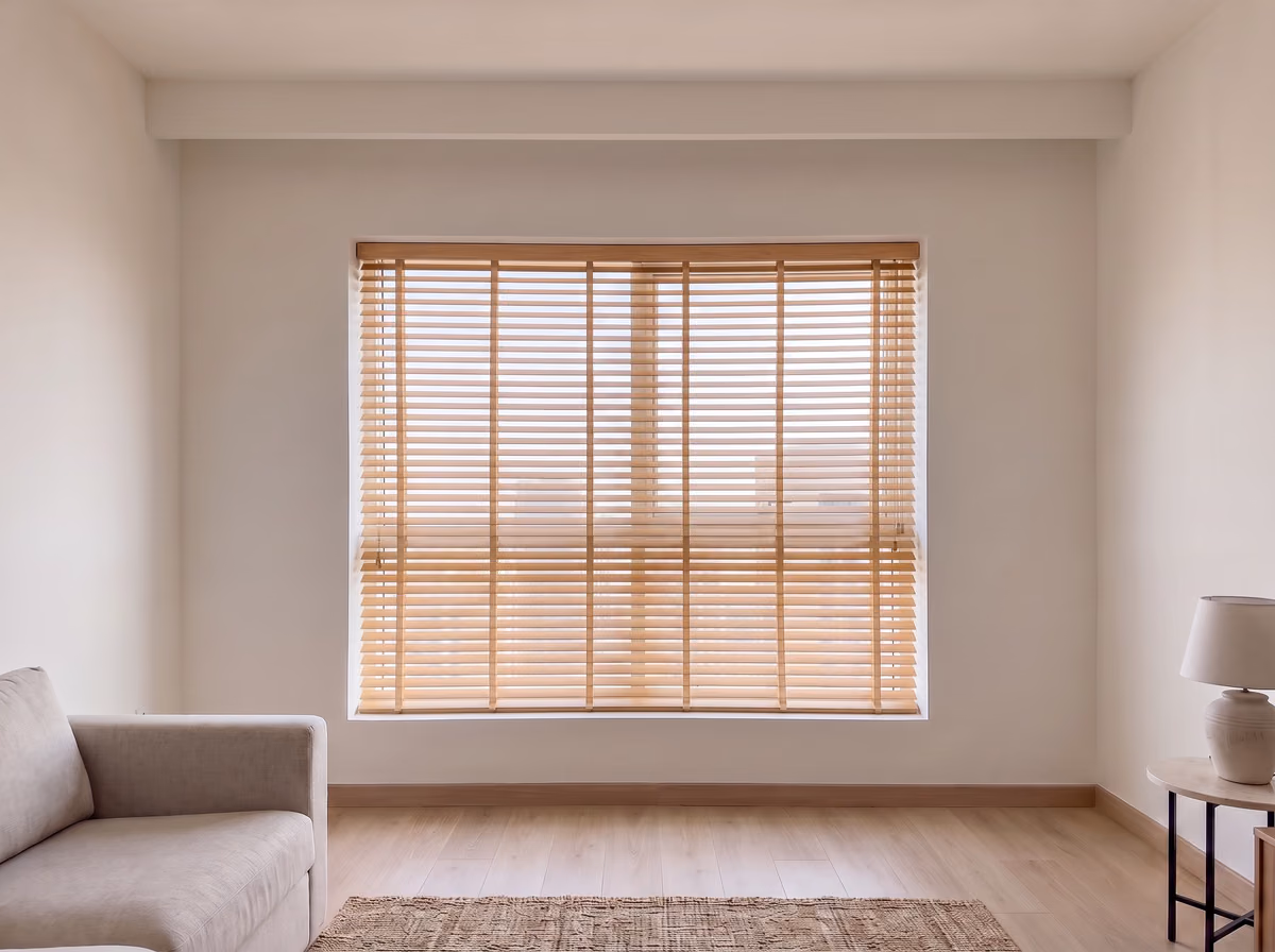 Honey-toned faux wood blind with cloth ladder tapes lowered across a living room window, the slats tilted open to soft daylight