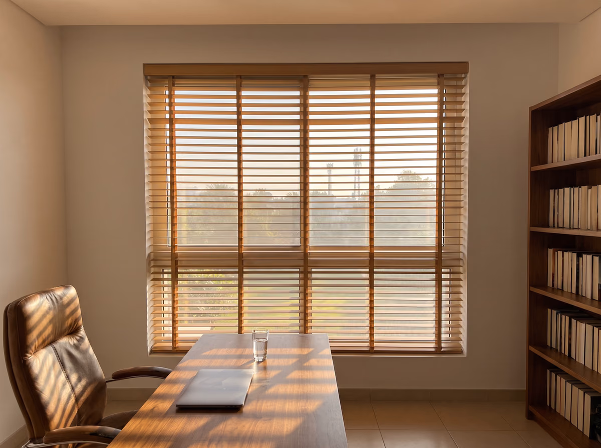 Honey-coloured faux wood blind with cloth tapes, slats tilted open over a home office window, sun striping a walnut desk