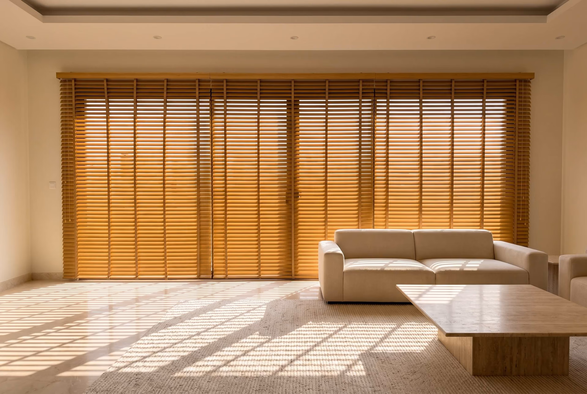 Villa living room with honey wooden blinds lowered across a wall of glass, the slats tilted half open and sunlight striping a marble floor in front of a cream sofa