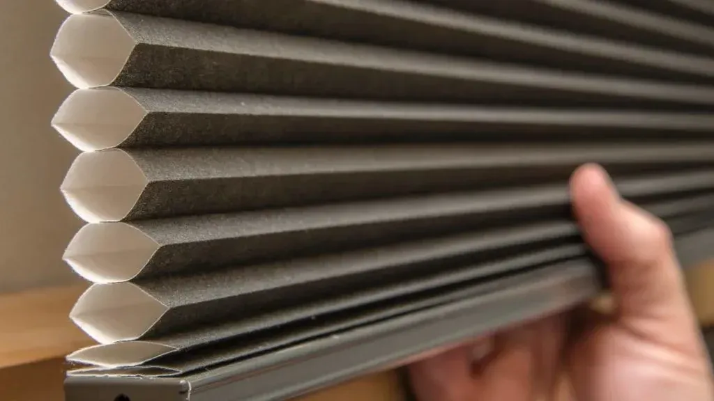 A hand holding back the edge of a grey honeycomb blind to show the hollow six-sided cells running through it in section