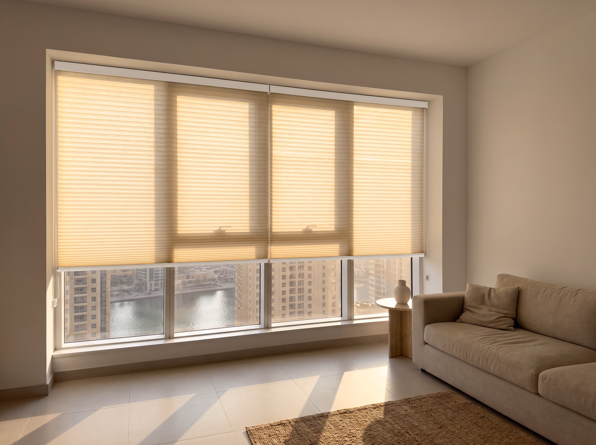 Tower living room with two ivory honeycomb blinds side by side inside the window recess, lowered two-thirds, low sun and the marina below