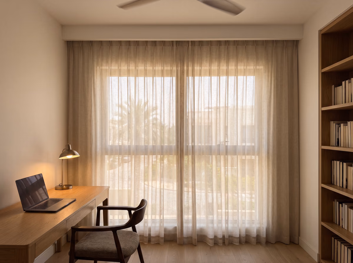 Linen-look sheer curtains drawn across a study window behind a wooden desk with an open laptop and a lit reading lamp