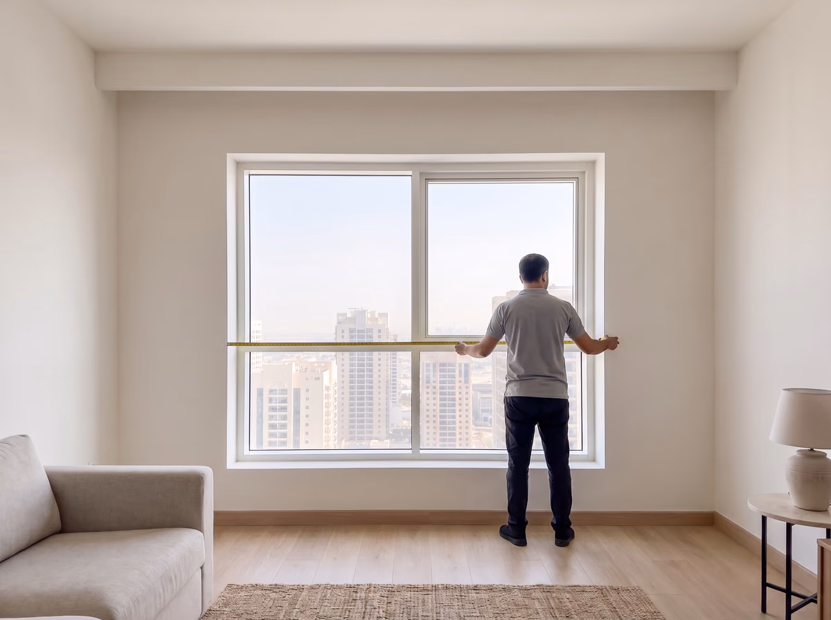 A man seen from behind measuring the width of a living room window with a yellow tape measure stretched across the glass