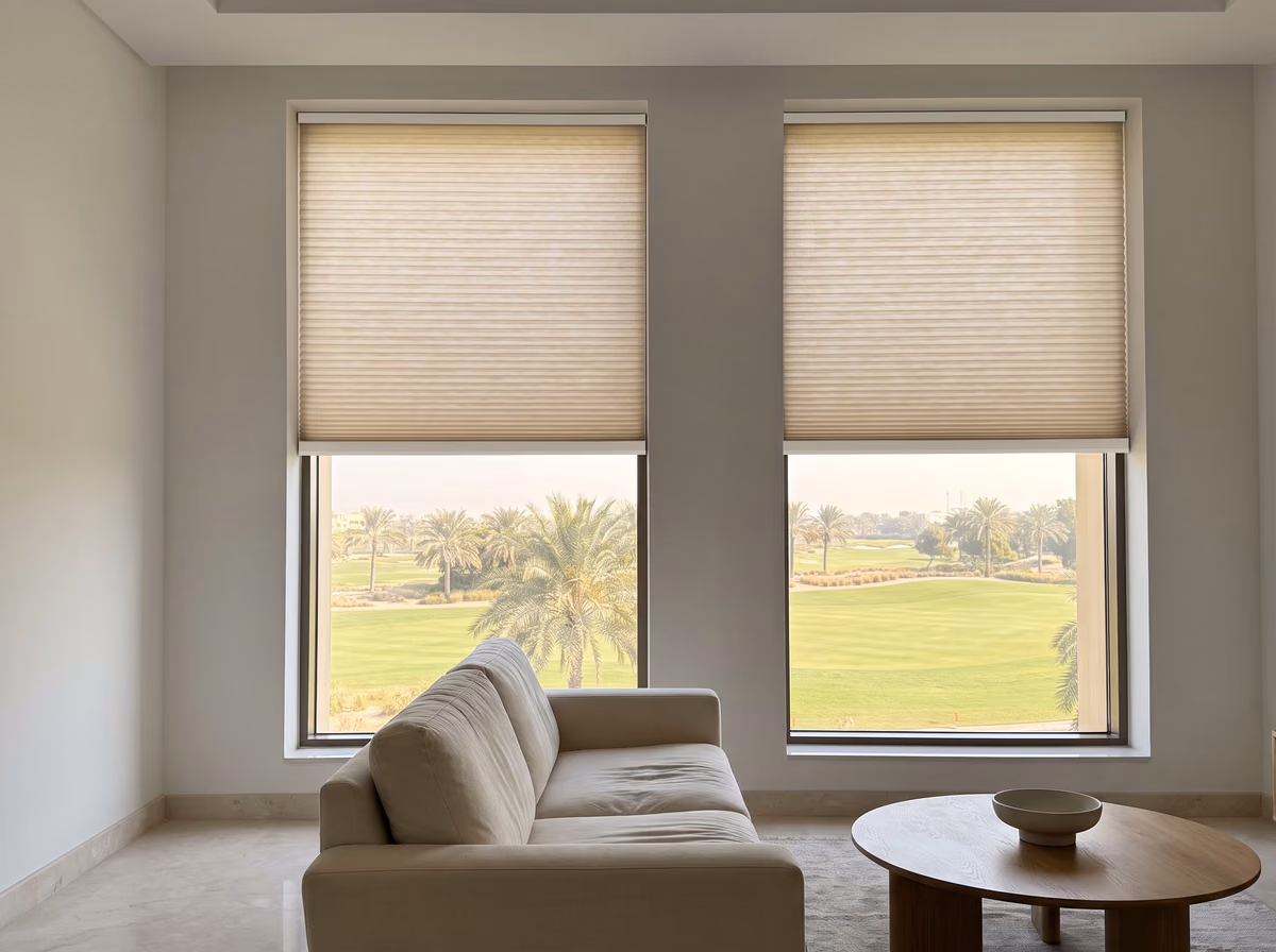 Villa living room with sand-beige honeycomb blinds half lowered on two tall windows, no chain at either, a golf course beyond
