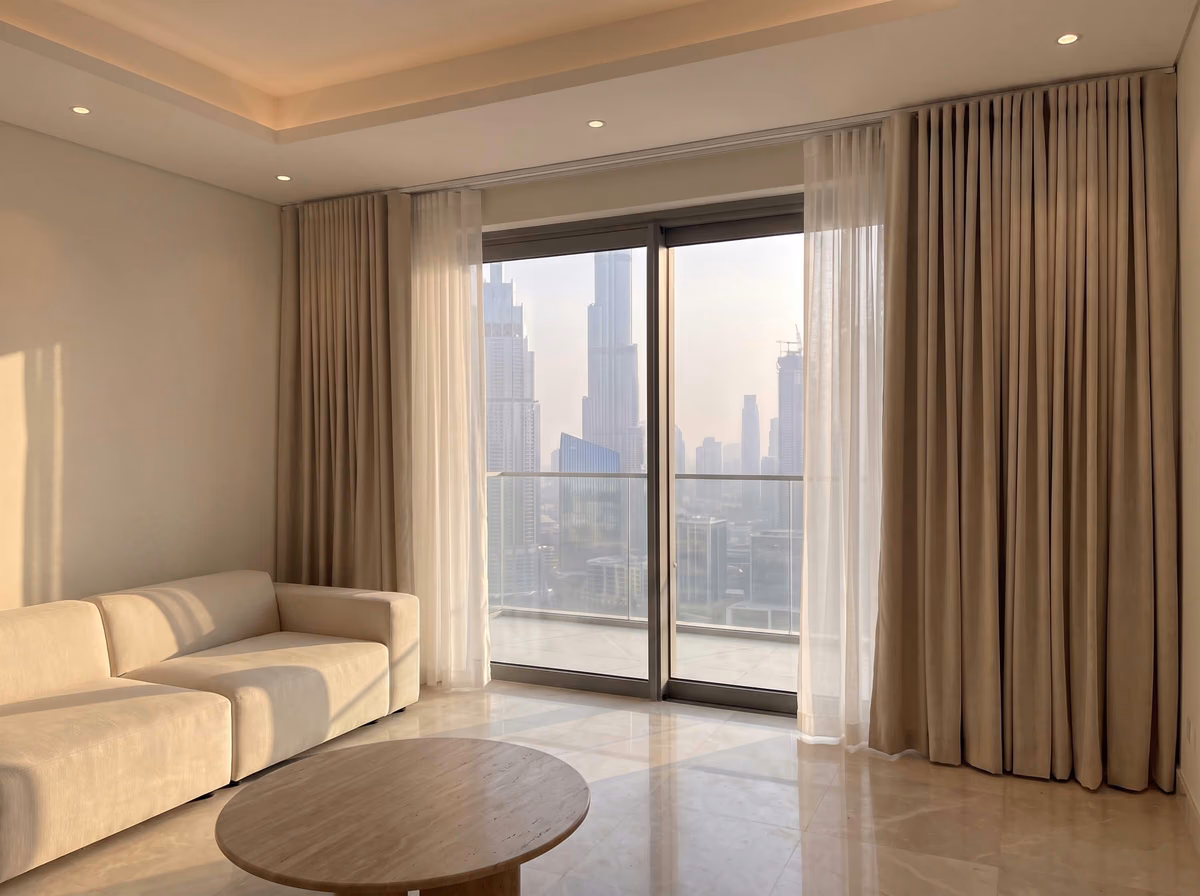 Beige ripple fold curtains and white sheers on a ceiling track either side of a balcony door, the Burj Khalifa beyond the glass