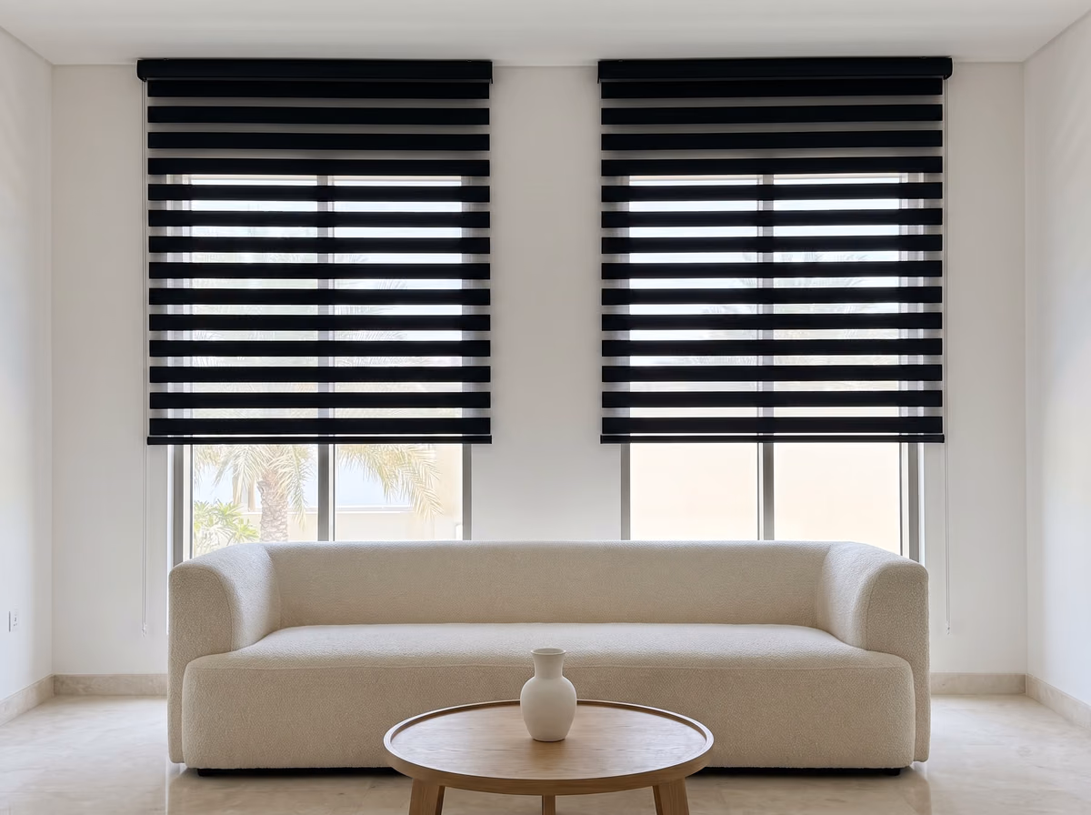 Living room with black zebra blinds lowered and open on two tall windows above a white sofa, no chain hanging from either blind