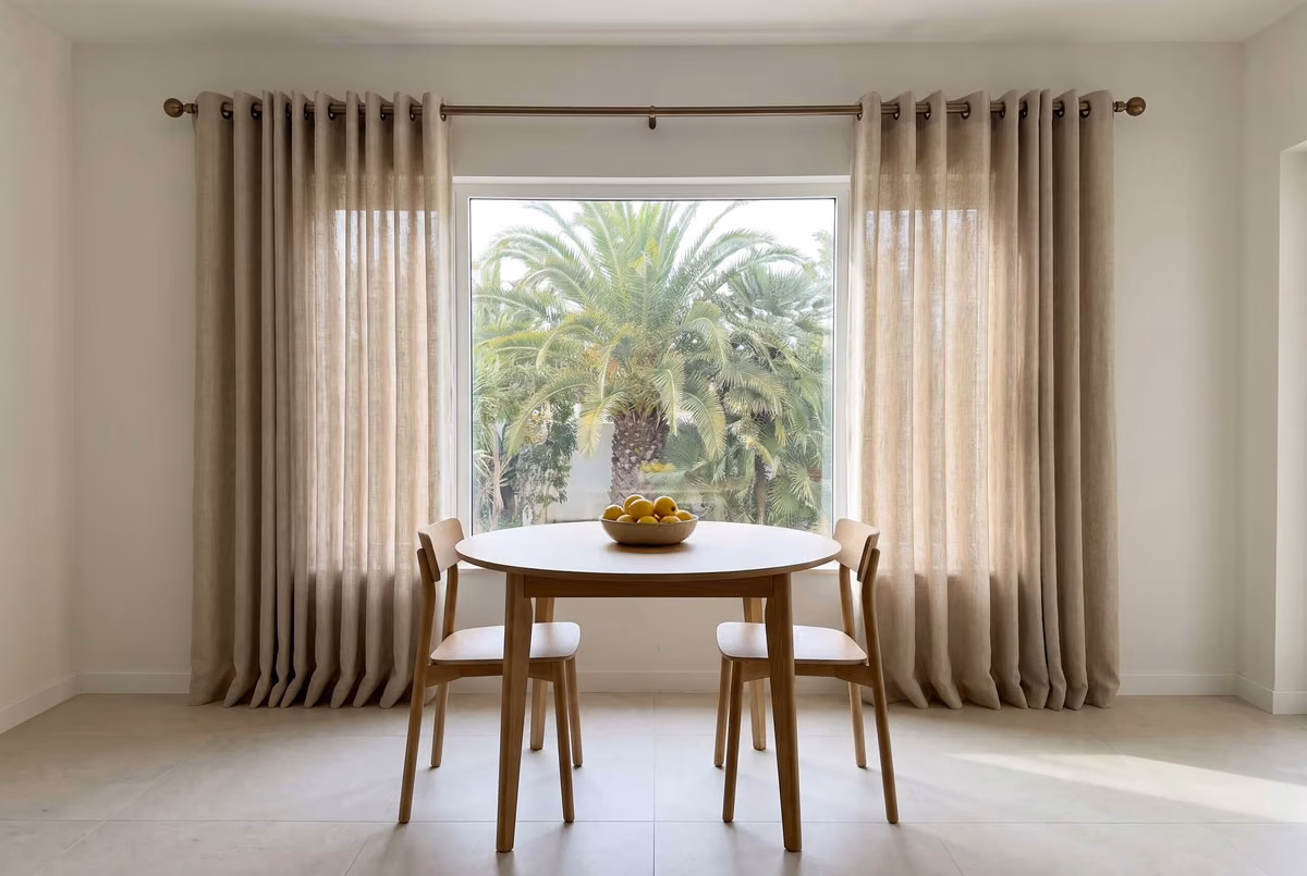 Natural linen eyelet curtains on an antique brass pole, drawn back from a picture window of palms behind a round oak dining table