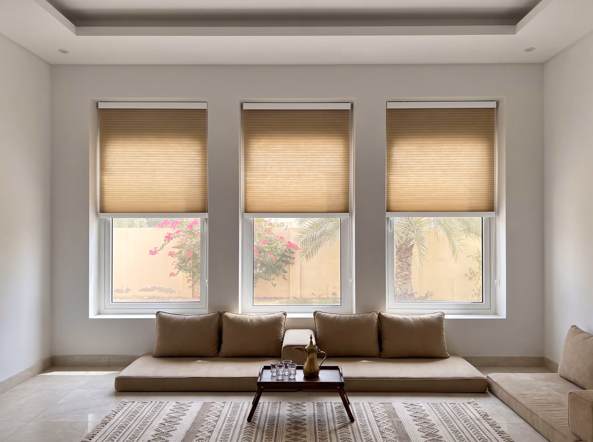 Villa majlis with sand-beige honeycomb blinds half lowered inside three window recesses, low floor seating and a coffee pot below