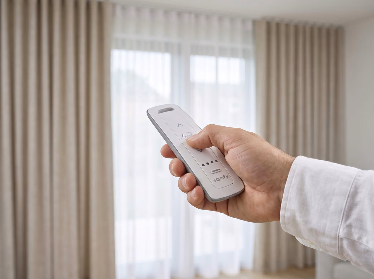 A hand pressing a white Somfy remote in front of beige ripple fold curtains and a white sheer drawn back from a bright window