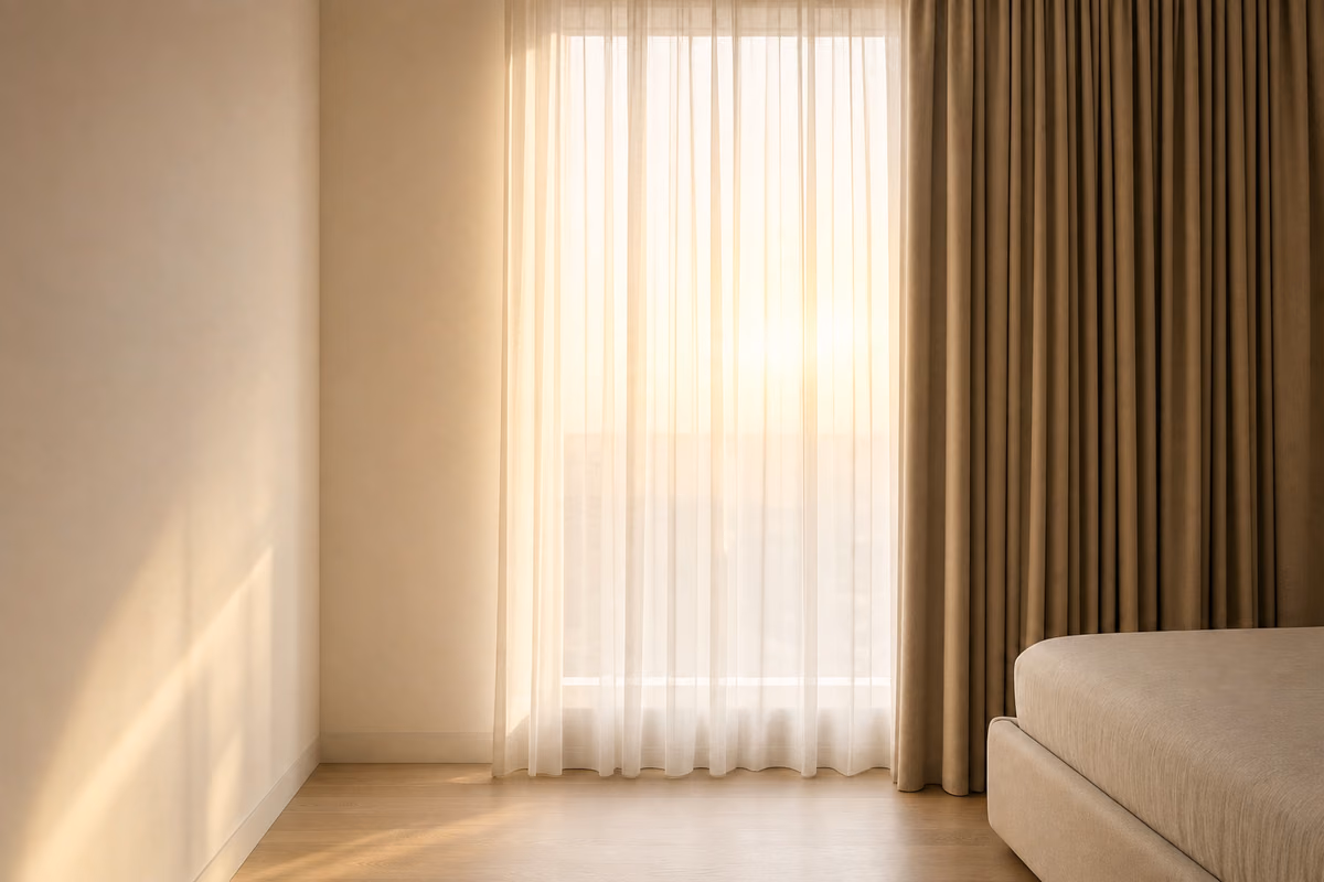 Sunlit sheer curtain glowing beside a heavy taupe curtain drawn back, in a room with wood flooring
