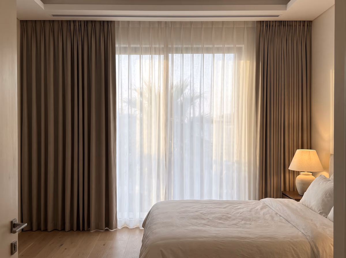 Villa bedroom with taupe pinch-pleat curtains drawn back either side of a closed white sheer, palms soft through it and a bedside lamp on