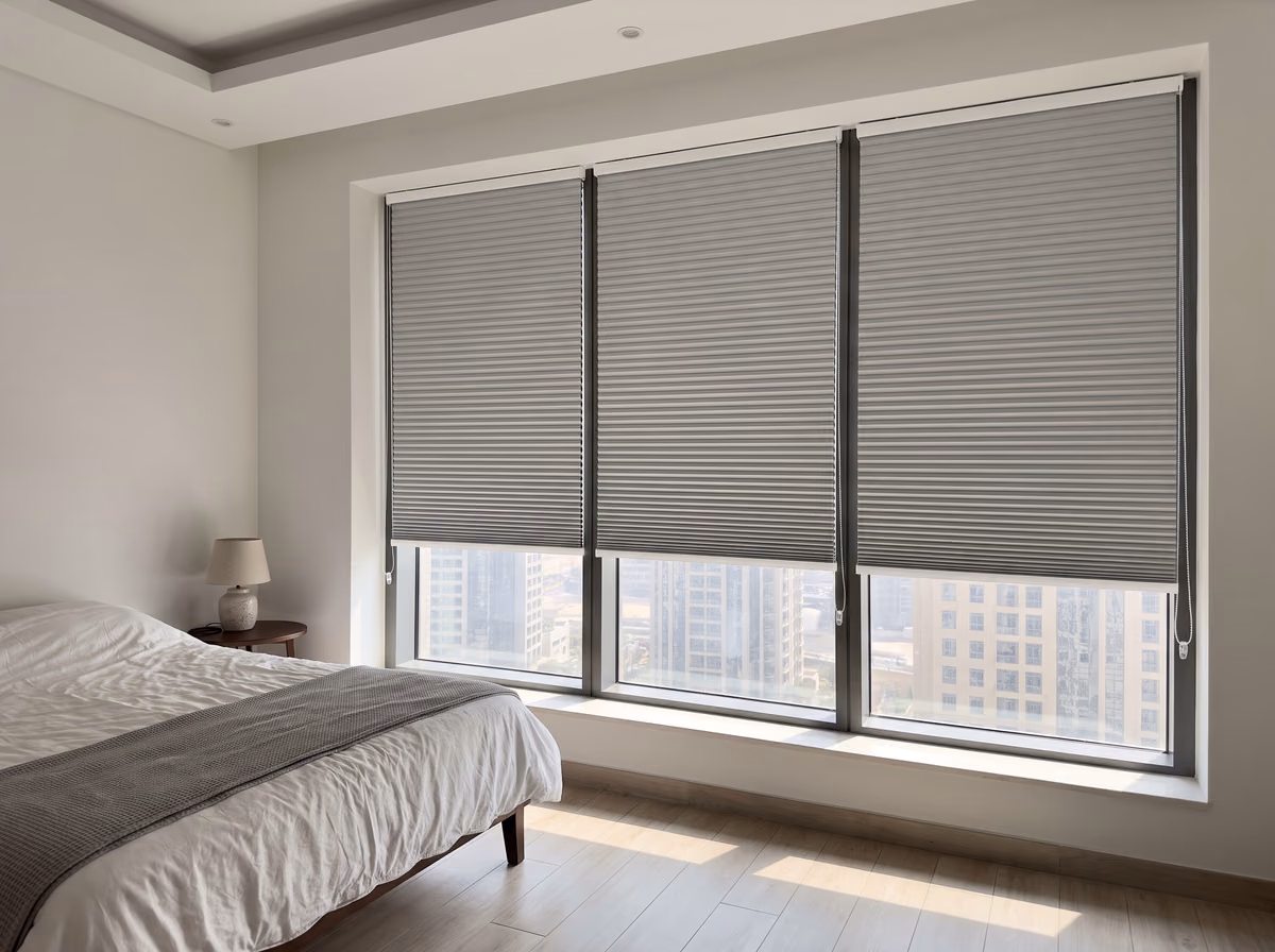 Tower bedroom with three light grey honeycomb blinds side by side inside one big window recess, lowered three-quarters, towers below