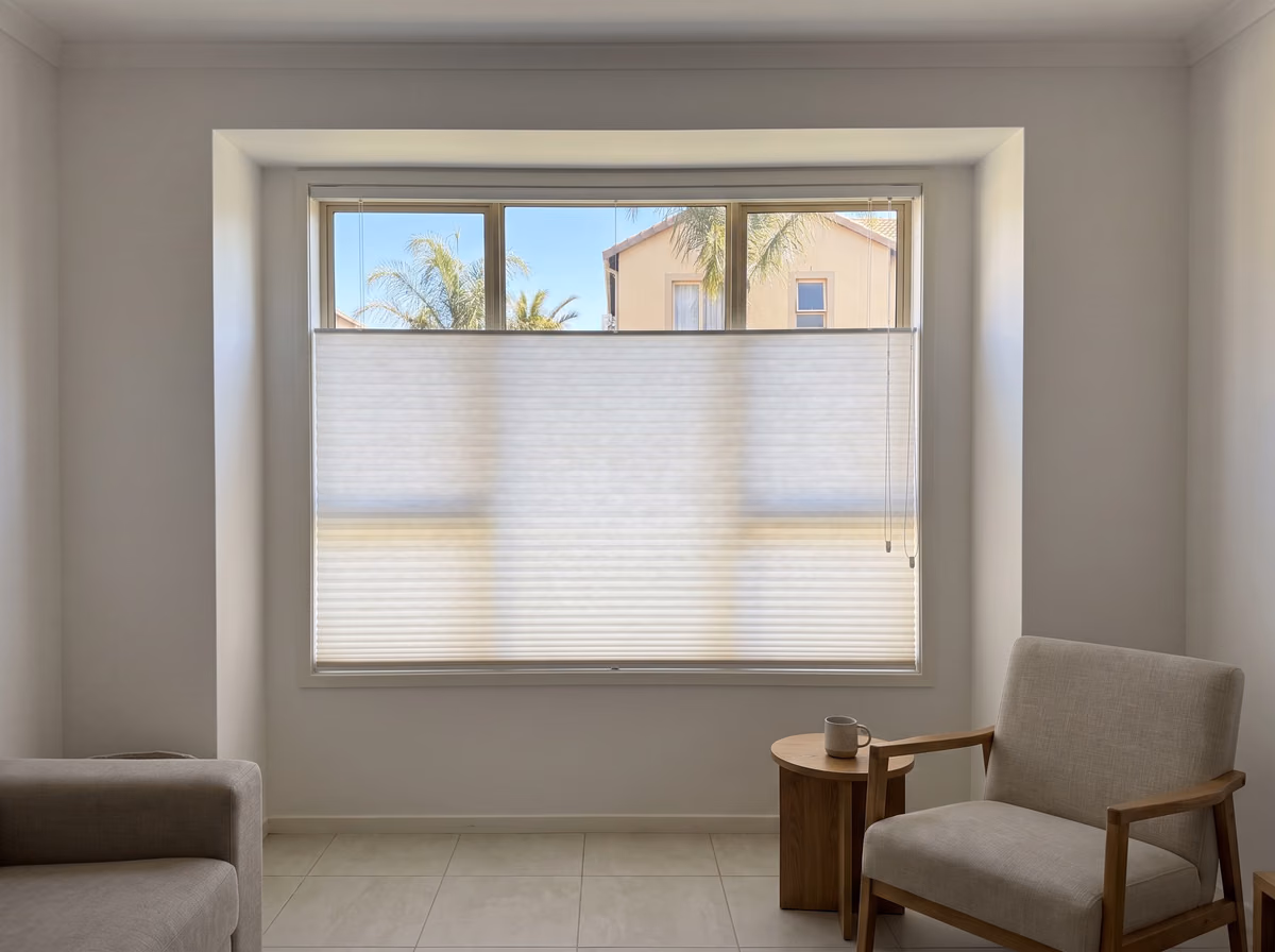 Ground-floor window with a white top-down, bottom-up honeycomb blind covering the lower part, sky and palm tops clear above it