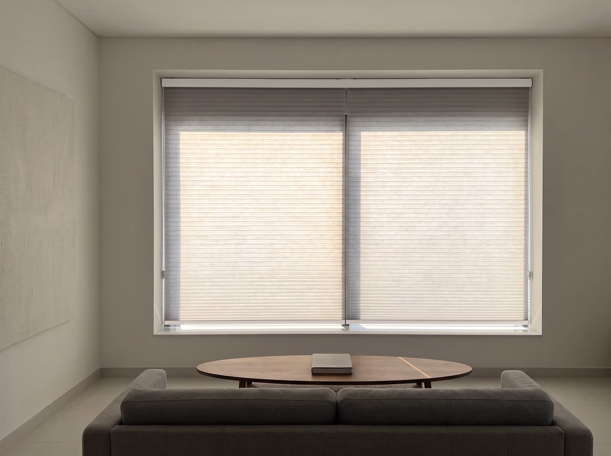 Living room with two light grey honeycomb blinds fully lowered inside a big window recess, hard afternoon sun glowing through them