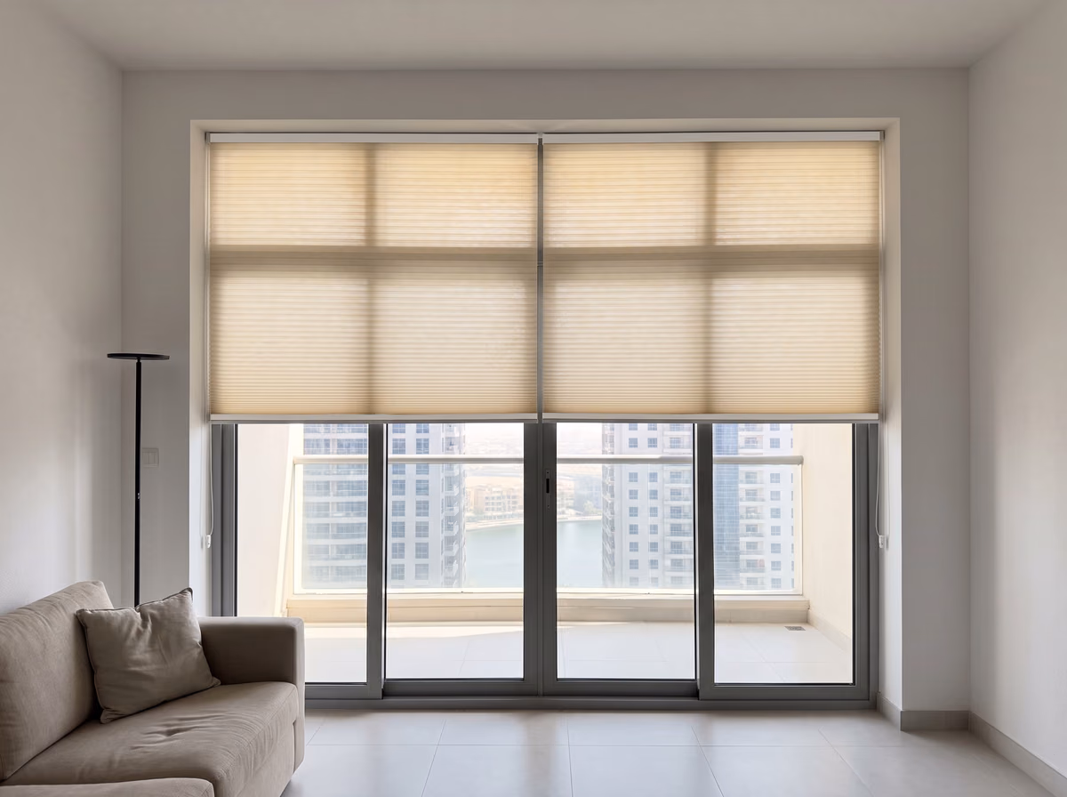 Living room with two ivory honeycomb blinds side by side inside the recess of a balcony sliding door, lowered past halfway, towers beyond