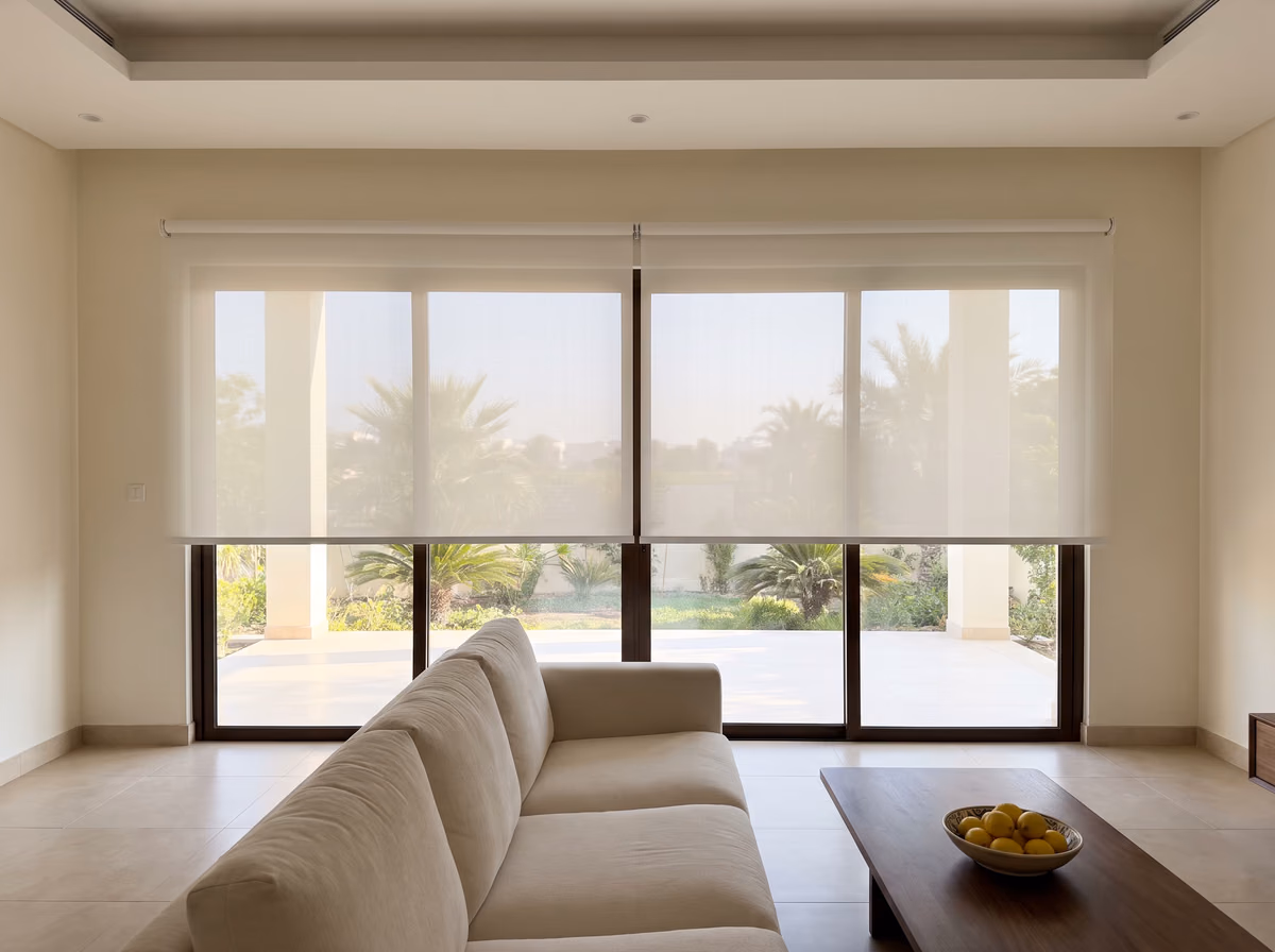 Two white sunscreen roller blinds side by side over villa garden doors, lowered to one height above a cream sofa and a bowl of lemons