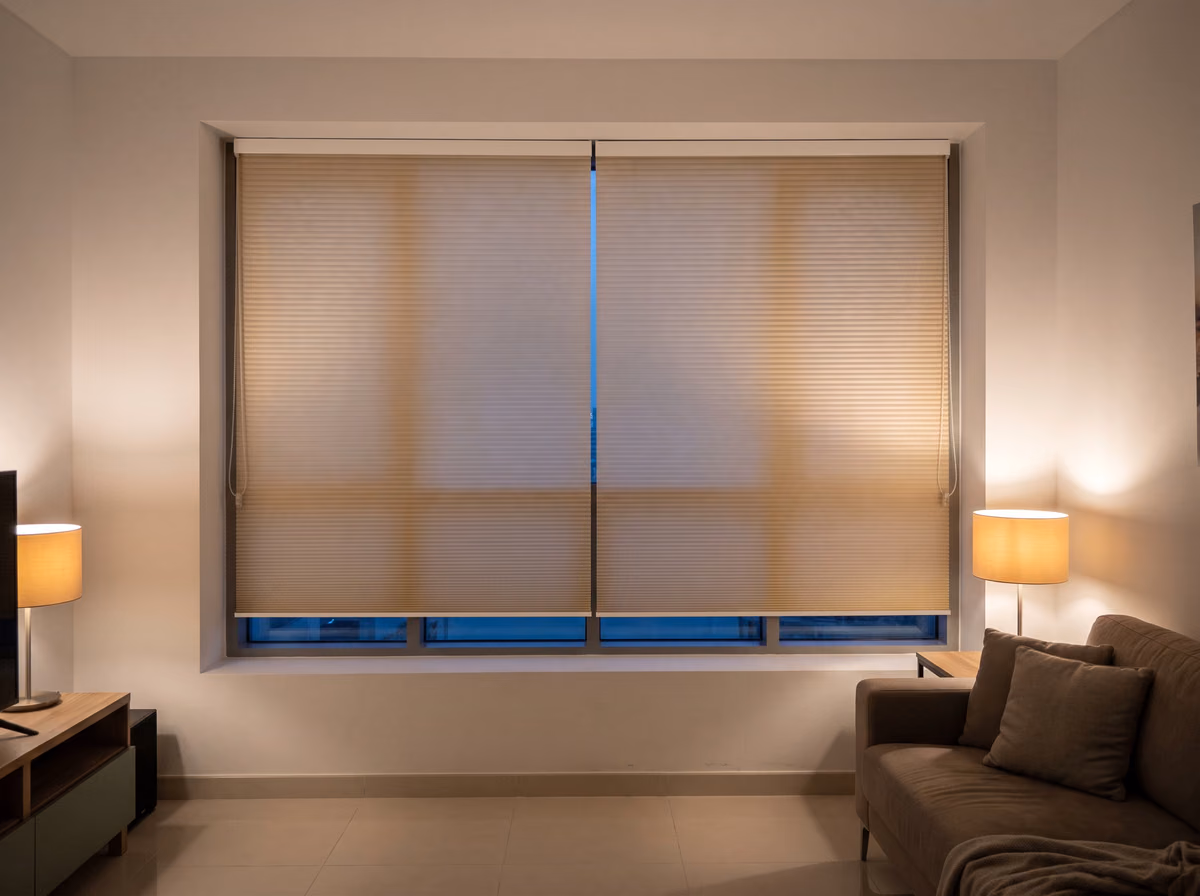 Living room after sunset with two white honeycomb blinds lowered inside the window recess, lit by warm table lamps, blue dusk below