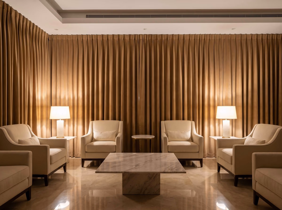 Formal sitting room with camel velvet pinch-pleat curtains closed across a whole wall, two table lamps glowing behind cream armchairs