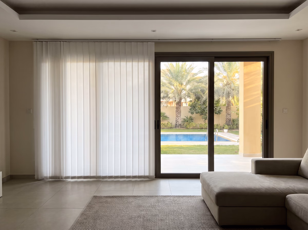 White vertical blind closed across the left half of a villa's glass, the sliding doors beside it clear to a garden and a pool